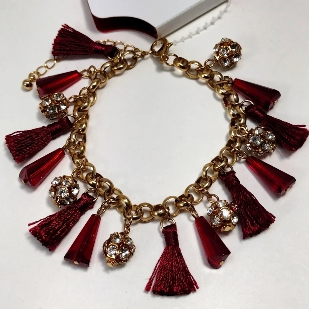 Women's Polished Gold-tone Red Beaded Tassel Bracelet w/ Sparkling Crystal Balls
